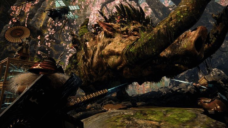 《狂野之心S》游戏画面，角色手持武器面对巨型怪兽