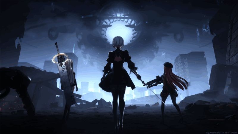 2B与反击小队成员并肩而立，背景为末日工厂废墟