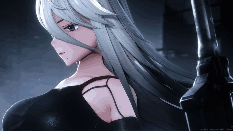 游戏内过场动画画面，2B凝视远方，天空布满乌云与金属残骸