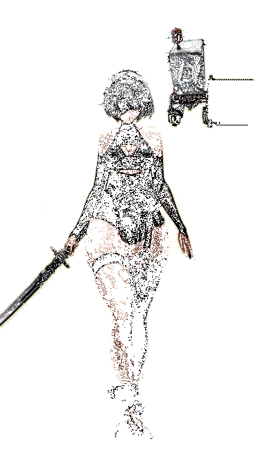 2B换上清凉泳装，手持武器站于海滩边，背景为夕阳与海浪