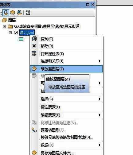 右键菜单中选择缩放到图层的操作界面截图