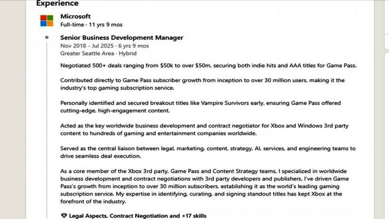 前微软高管Iain MacIntyre关于Game Pass的领英信息截图