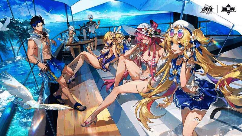 夏日时装展示图，角色身着清凉泳装站在沙滩边，背景为碧蓝海景