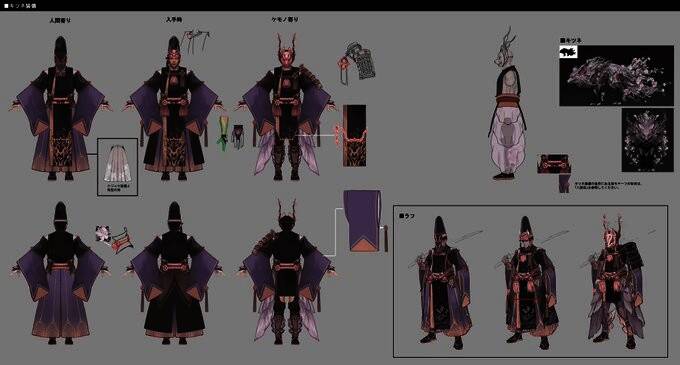 玉响风格防具设定图，展现妖艳风格与精致装饰细节