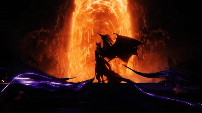 黑暗女士正面站立，身穿鎏金龙纹战甲，整体造型融合哥特风格与龙族元素