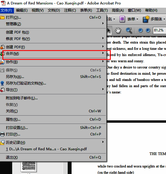 Adobe Acrobat 合并文件界面，显示合并至单个PDF选项