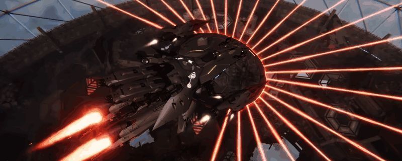 《解限机》游戏内机甲战斗场景，两台机体在废墟环境中激烈交火，周围爆破效果震撼