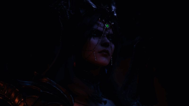 暗黑女士与主角对峙场景，两人目光交汇，情绪复杂