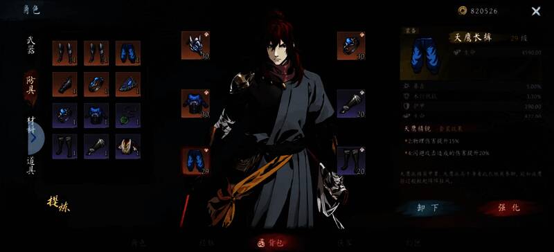 防具搭配界面截图，展示了两近卫、两流云和两天鹰套装组合效果