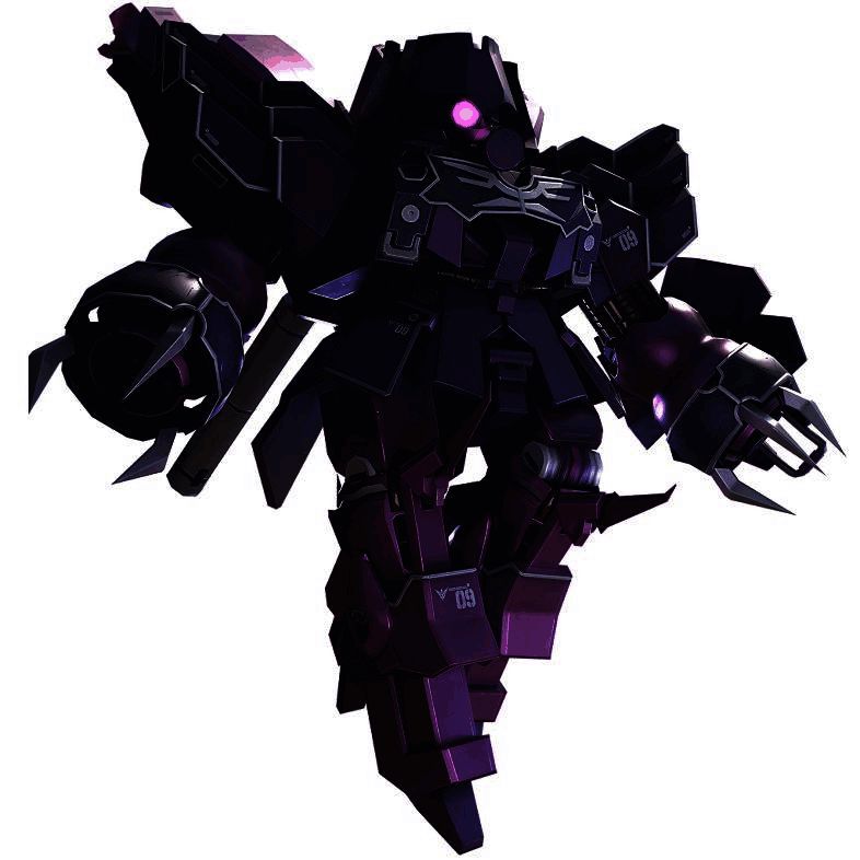 罗森·祖鲁机体立绘展示，机身呈现暗紫色涂装，配备线控机械爪与盾牌武器系统