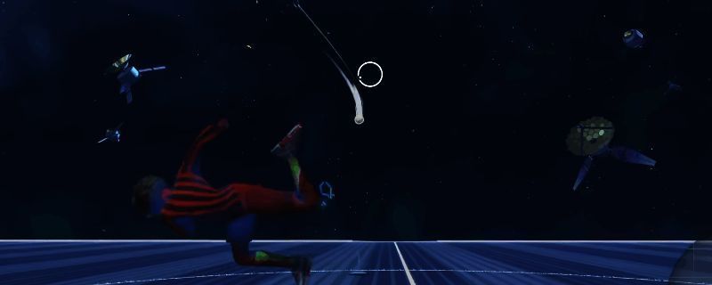 《开球！REMATCH》中展示凌空抽射动作的游戏画面，球员跃起踢球瞬间，背景为绿茵球场