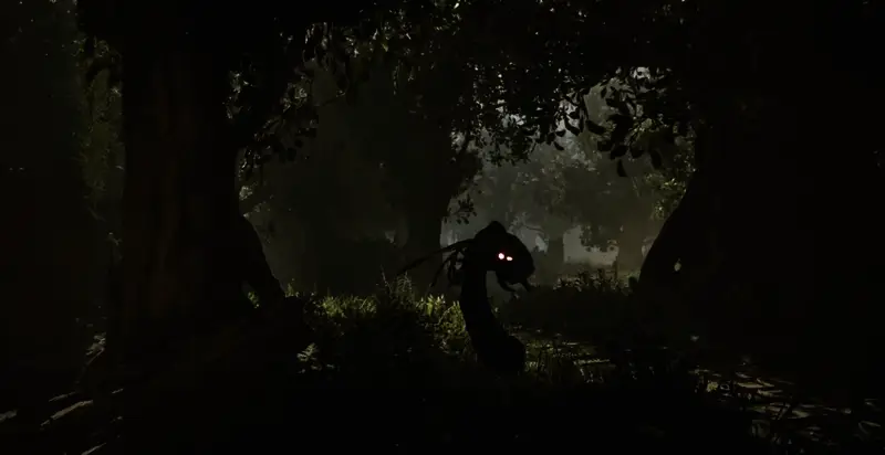 沼泽区域全景，雾气弥漫，远处可见废弃建筑轮廓