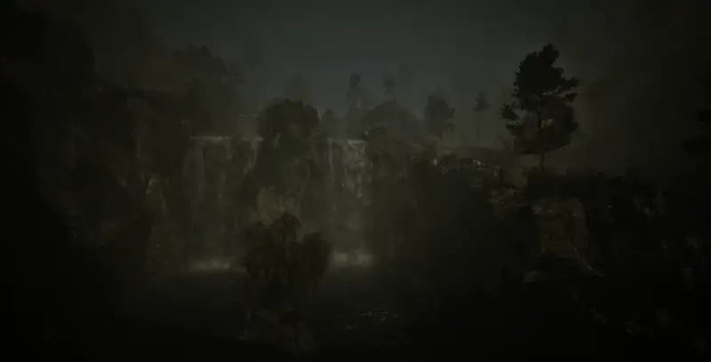 野外探索场景，主角穿越茂密树林，地面植被细节丰富