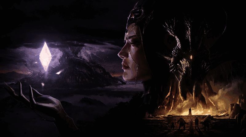 黑暗女士角色立绘，身穿暗红色铠甲，背后展开破损羽翼，神情冷峻而威严