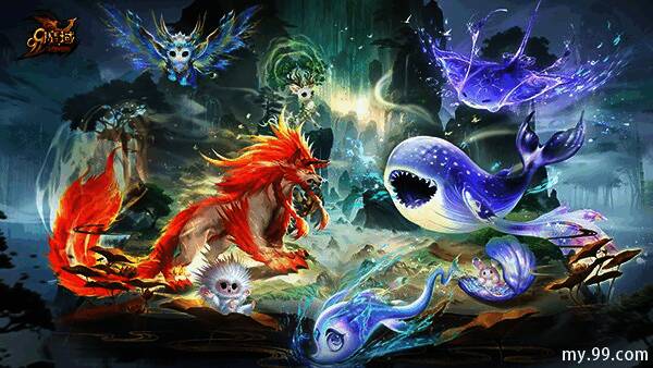 灵兽展示图，三只灵兽以不同姿态呈现在画面中