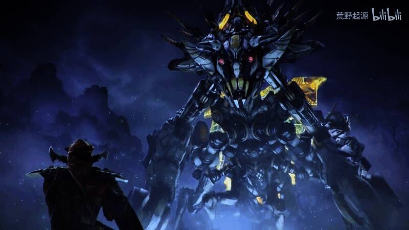 《荒野起源》游戏画面展示一位玩家操控角色与巨型机械兽激烈对战的场景，背景为废墟风格的世界