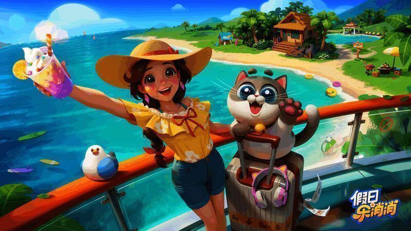 《假日乐消消》游戏画面展示，绚丽消除特效与海岛背景相映成趣