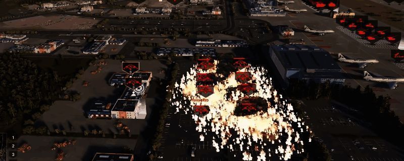 《断箭》游戏中燃烧弹投掷后的战场画面，地面被烈焰覆盖，敌人被迫绕行