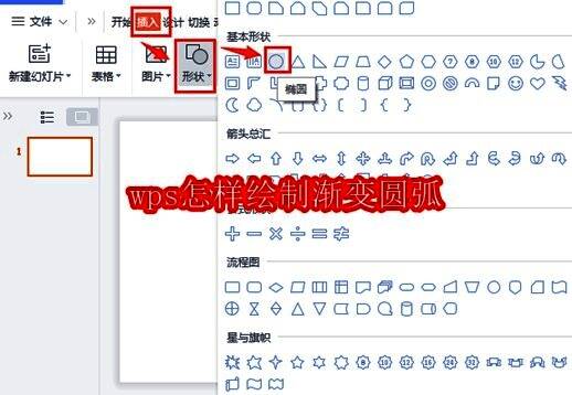 WPS软件界面展示插入形状功能的位置