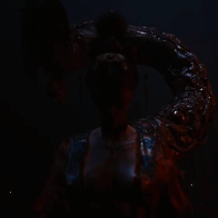 角色特写镜头，女主眼神坚定，面带伤痕展现坚韧气质