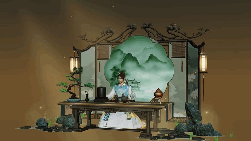 完成点茶后屏风上形成的茶画图案，山水意境悠远