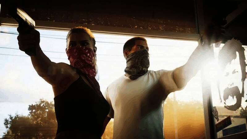 《GTA6》城市街景概念图，街头车辆与行人细节丰富，展现开放世界魅力