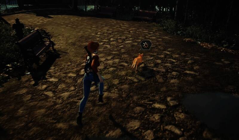 另一视角的游戏画面，主角缓缓靠近猫咪，表情柔和，环境光影细腻