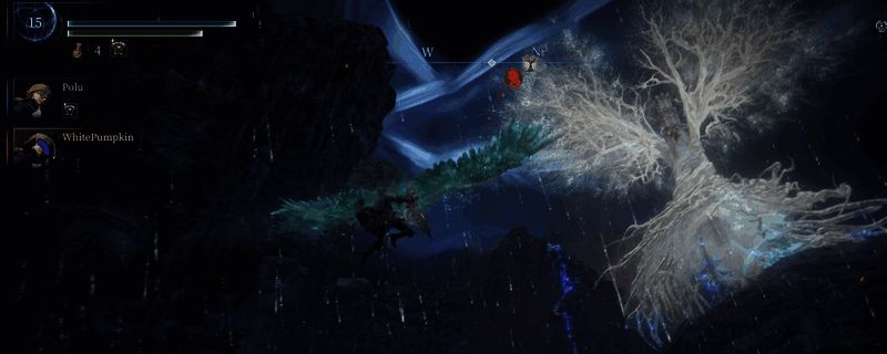 艾尔登法环黑夜君临角色追踪者战斗画面，手持双大剑冲锋攻击