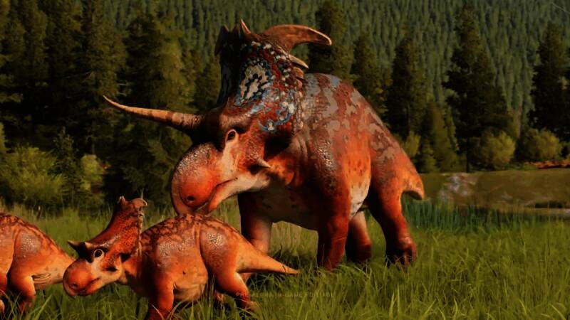 多只洛基角龙群体活动画面，体现其群居生活状态