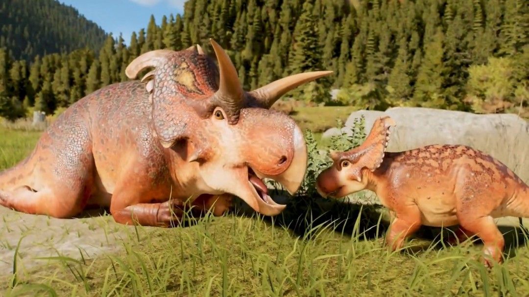 湿地环境中洛基角龙悠然漫步，背景可见茂密植被与水域景观