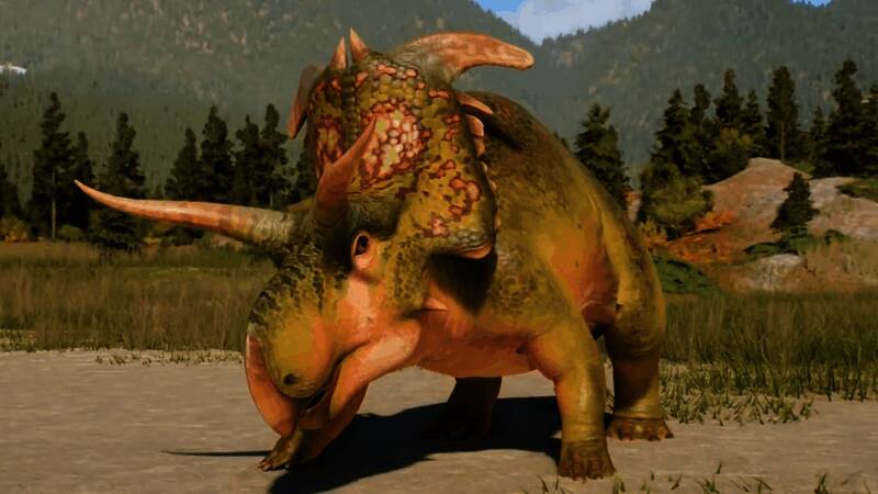 幼年洛基角龙与成年个体互动场景，凸显护崽行为特征