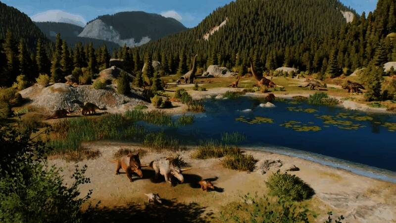 恐龙公园全景截图，展示玩家建设的多样化生态环境