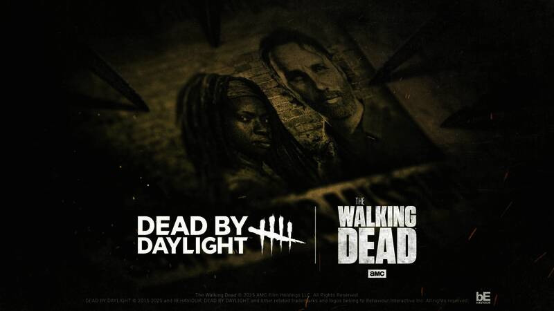 《黎明杀机》与《行尸走肉》联动宣传图，展示瑞克与米琼恩手持武器面对杀手的紧张氛围