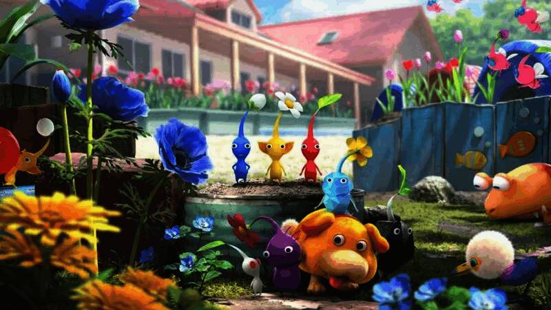 《皮克敏4》游戏画面展示小队指挥与战斗策略的结合，场景细节丰富