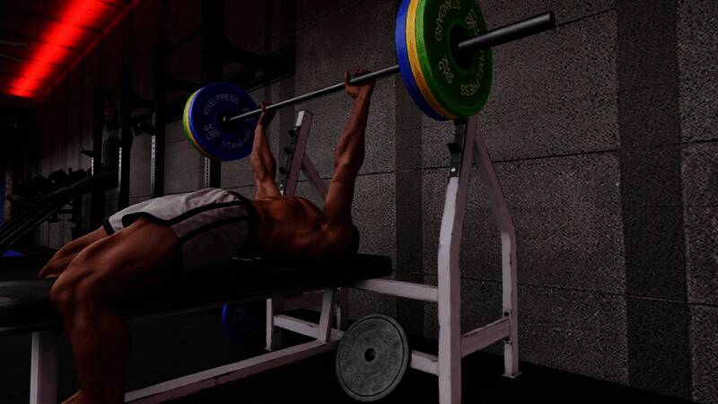 角色正在进行深蹲训练，肌肉线条清晰可见，背景为现代化健身房环境