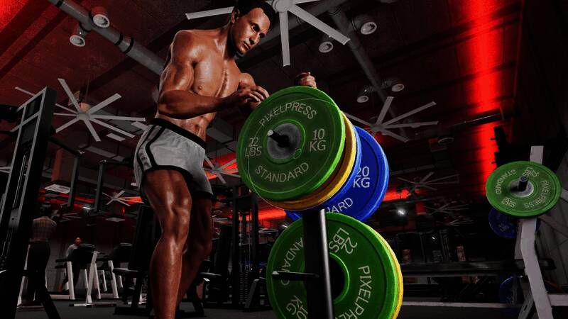 角色站在舞台上展示肌肉成果，灯光效果炫丽，观众席座无虚席