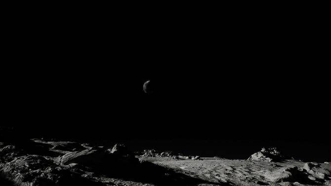 月球基地生活区一角，墙壁剥落，管道外露，呈现出末日后的颓废景象