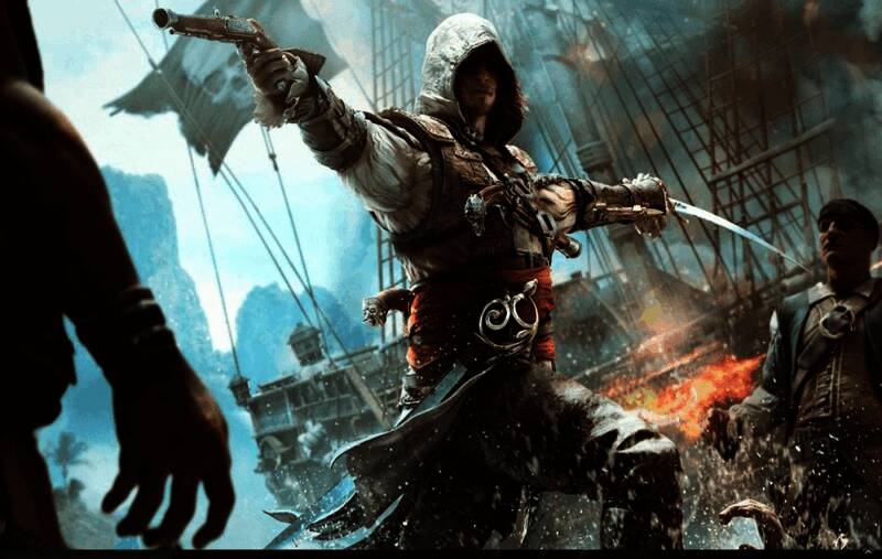 《刺客信条4》游戏界面截图，展示菜单选项与航海战斗场景