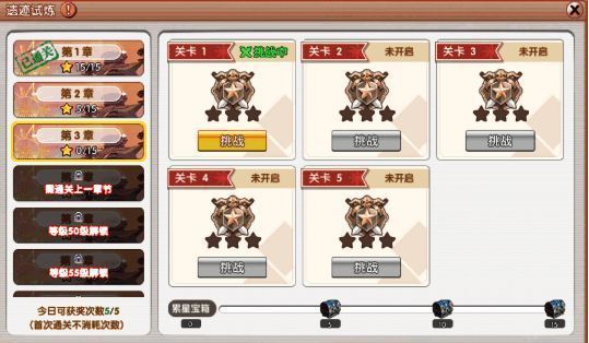 阳试炼章节选择界面，显示各关卡难度等级