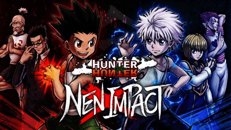 《HUNTER×HUNTER NEN×IMPACT》游戏封面与角色立绘展示，主角小杰与其他角色集结登场