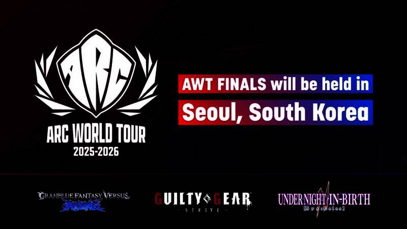 ARC WORLD TOUR 2025-2026赛事LOGO与宣传海报，背景为激烈对战中的游戏角色剪影