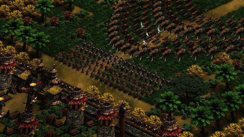 游戏中多种兵种并列展示，包括骑兵、弓箭手、投石车等