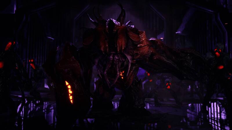 游戏宣传图展示角色持枪面对怪物群，背景阴森恐怖