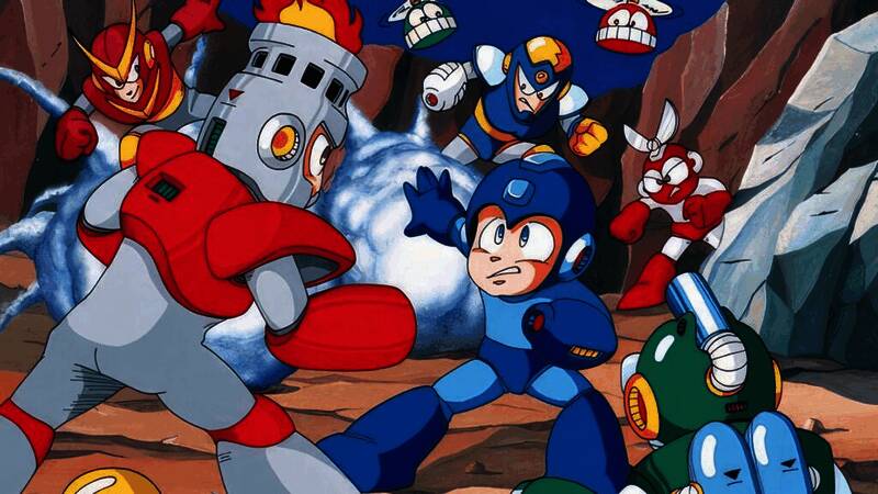 卡普空官方会议现场画面，背景为洛克人经典形象展示