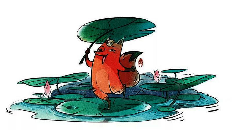 完整插画效果图展示一只可爱的小狐狸站在荷叶上的梦幻场景