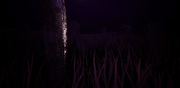 广袤荒野场景展示，远处可见破败神殿与扭曲生物，天空被暗紫色云层覆盖