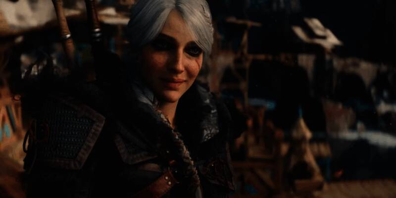 《巫师》游戏中希里行走于城镇中，周围人群避让的场景