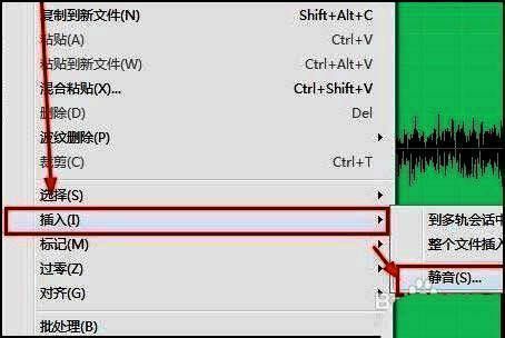 编辑菜单下拉选项，显示‘插入’子菜单中的‘静音’功能