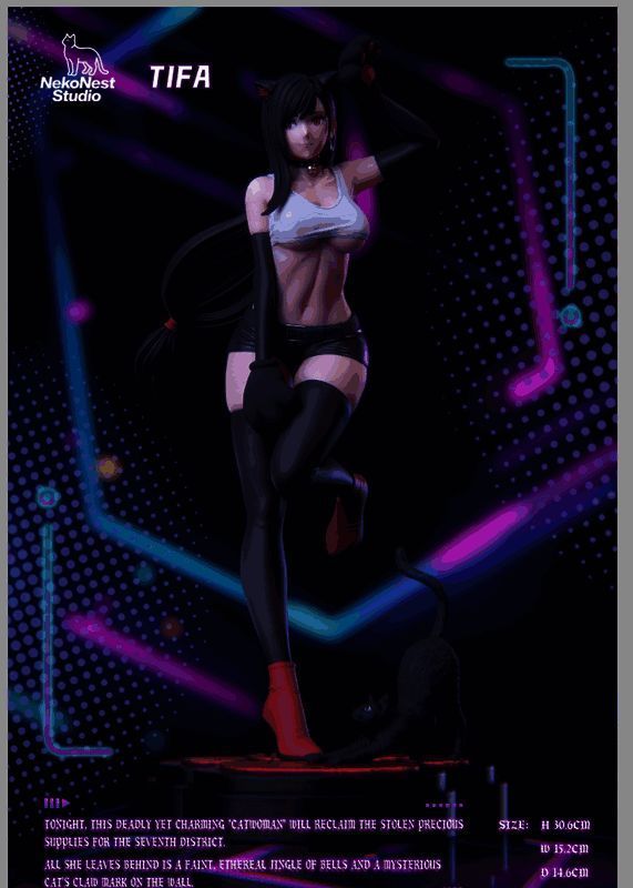 蒂法猫娘雕像正面展示，身穿经典服装与猫耳搭配，姿态优雅迷人