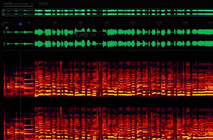 音频显示在频谱频率视图中，颜色变化清晰展现不同频率声音分布